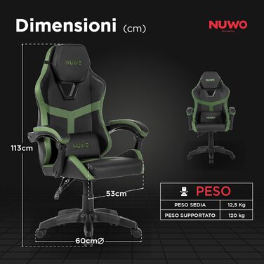 Ергономічне ігрове крісло Nuwo Odin, крісло для ПК, ігрове крісло, офісне крісло, м&39які підлокітники, регульована спинка та висота, поперекова підтримка та підголівник, 120 кг, військово-зелений, військово-зелена серія Odin