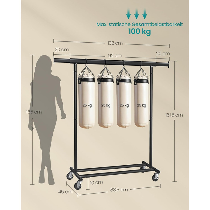 Вішалка для одягу на колесах, Міцна підставка для гардеробу, Розсувна вішалка для одягу, Вантажопідйомність до 100 кг, Легке складання, Портативна, Чорний HSR13BKV1 Чорний (92-132)Ш см