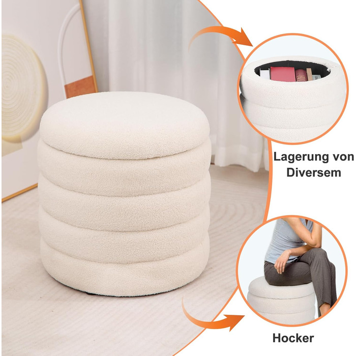 Круглий стілець для зберігання речей з плюшевої тканини - м&39який стілець, круглий туалетний столик для вітальні, спальні та коридору, Ø 46 x 47 см, білий 46x46x47 см