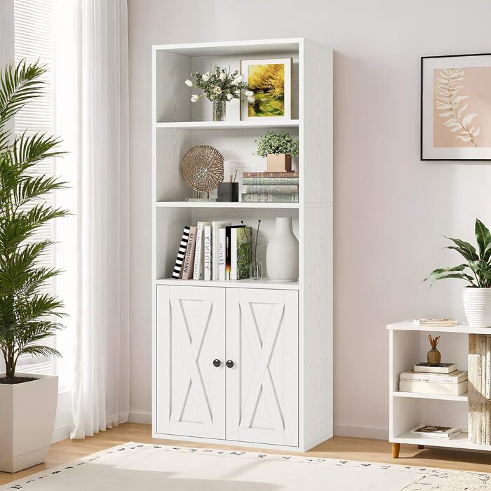 Книжкова шафа IRONCK з 2 дверима, 5-ярусна окремостояча полиця, книжкова шафа в індустріальному стилі, вітрина-полиця для навчання, офісу, вітальні, спальні, біла