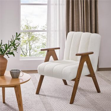 Крісло Yaheetech з вигнутою спинкою з тканини букле, крісло для відпочинку з підлокітниками, крісло з дерев&39яними ніжками для вітальні/спальні, м&39яке крісло під телевізор, міцний каркас, вантажопідйомність до 136 кг, білий колір