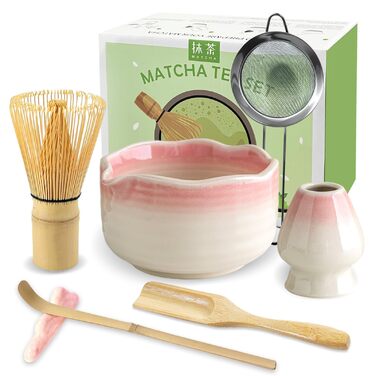 Набір для матча JBER Рожевий Градієнт бамбуковий вінчик (часен), чаша для матча з носиком, підставка для вінчика, ситечко, ложка та підставка, японський набір для поціновувачів матча