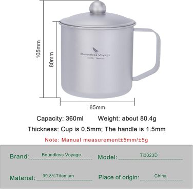 Мл титанова кемпінгова кружка з кришкою, легка дорожня чашка для кави та чаю, портативна, міцна, одношарова кружка для пиття для походів, походів з рюкзаком, пікніків, приготування їжі на свіжому повітрі Ti3023D, 360