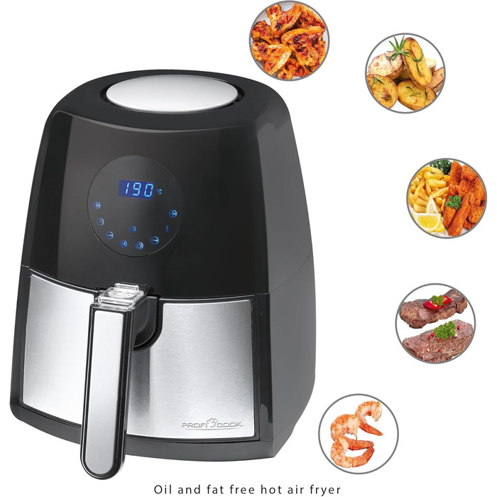 Фритюрниця ProfiCook Без масла та жиру 7 програм смаження Програма зі змінним часом Температурна програма Ємність 2,5 л, світлодіодний дисплей знімний контейнер PC-FR 1147 H Black - знята з виробництва модель