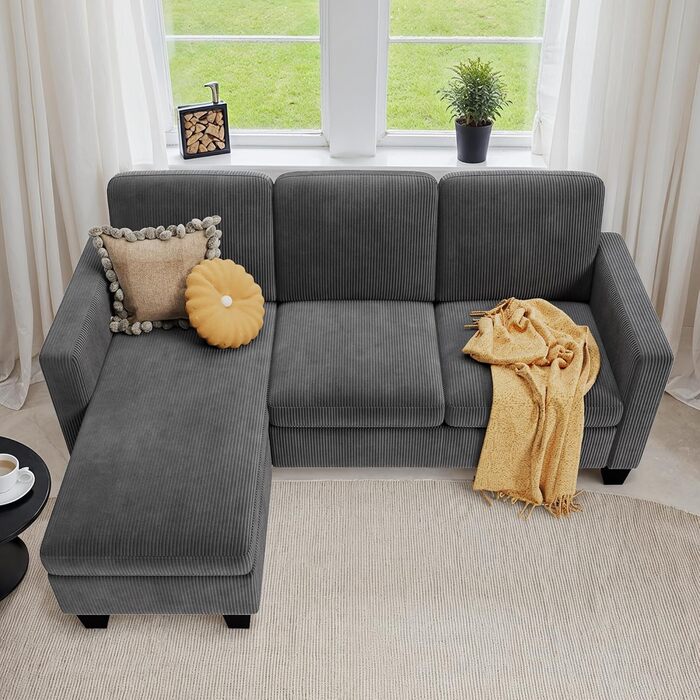Г-подібний 3-місний кутовий диван Xbro з висувною підставкою для ніг, невеликий кутовий диван з м&39якої вельветової тканини, 188 136,5 89 см, темно-сірий/чорний
