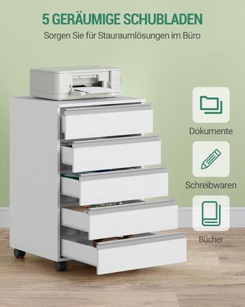 Пересувний контейнер Hzuaneri, мобільна шафа для документів, шафа з 5 висувними шухлядами, шафа для зберігання речей для офісу та домашнього офісу, білий 40 x 40 x 70 см FC55503X