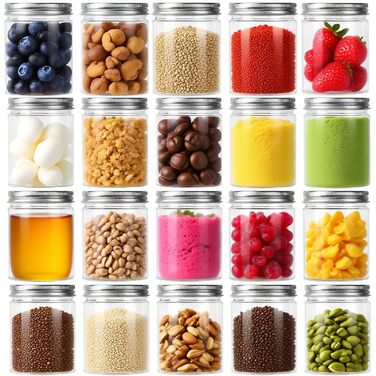 Набір із 20 пластикових контейнерів для зберігання з кришками, 250 мл, герметичні, без BPA. Прозорі, герметичні, круглі банки для зберігання з кришками для спецій, мюслі, солодощів, варення. Набір із 20 предметів - 250 мл