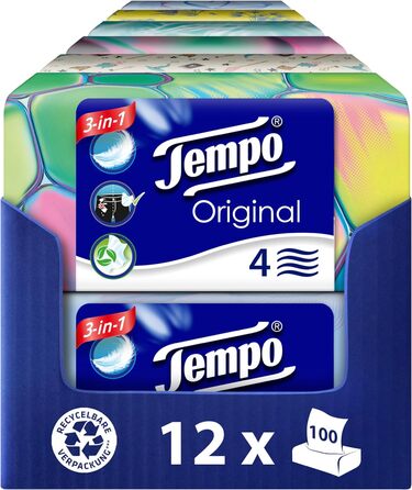 Оригінальні носові хустинки Tempo Duo Box - Value Pack - 12 коробок, 100 серветок в коробці - дуже міцні, м'які паперові носові хустки, можна прати в пральній машині