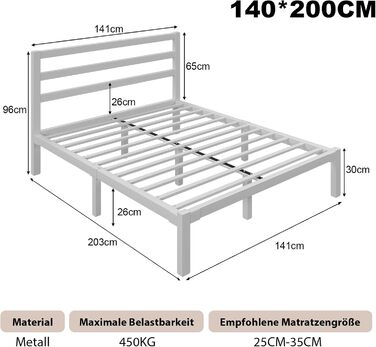 Ліжко 140200 см, металевий каркас ліжка з платформою, узголів&39ям та узніжжям, місце для зберігання речей під ліжком, рейкова основа не потрібна, легке складання, сучасне, біле 140 x 200 см