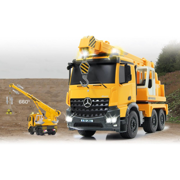 Потужний кран Mercedes Liebherr 120 2,4G - Висувний стріловий кран, поворот на 660, підйом/опускання тросу, жовті світлодіодні сигнальні вогні, реалістичні звуки, повнопривідний, 405034 -