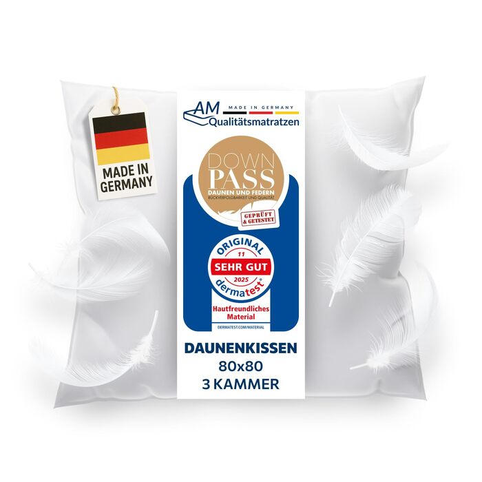 Пухова подушка 80x80 - Зроблено в Німеччині, 3-камерна подушка 80x80 см - зовнішня камера зі 100 пуху - пір&39яна подушка 80 x 80 см, підходить для алергіків - подушка 80x80, наповнювач з пуху та пера, 80 x 80 см
