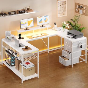 Кутовий стіл YITAHOME з 4 шухлядами та місцем для зберігання, ігровий стіл зі світлодіодним освітленням та підставкою для монітора для домашнього офісу, двосторонній кутовий стіл з 2 розетками та 2 портами зарядки USB, 158 см, білий 158 x 100 x 90 см