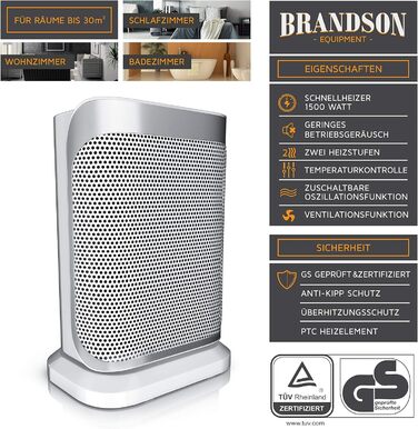 Енергозберігаючий, тихий вентилятор-обігрівач - 1500 Вт - 2 рівні потужності - Вентилятор-обігрівач для ванної кімнати - Плавне регулювання температури - Керамічний нагрівальний елемент - Термічний запобіжник - Нагрівач D Сріблястий / Білий