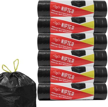 Екологічні пакети для сміття зі шнурком, 35 л, преміум-пакет для сміття, стійкий до розривів, герметичний, 23 мкм, 50x60 см, чорний, 15 пакетів для сміття в рулоні, 6 рулонів