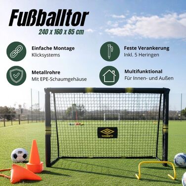 Футбольні ворота Umbro - Великі футбольні ворота - Футбольні ворота - Футбольні ворота для саду, дітей та дорослих - Тренувальний футбольний інвентар для приміщень та вулиці - Метал - Чорний/Жовтий 240x160x8 см