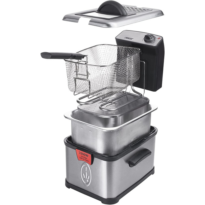 Фритюрниця з нержавіючої сталі Princess 183001 ємністю 3 літри, масляним фільтром і функцією холодної зони, срібло