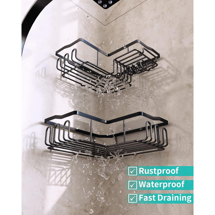 Душова полиця HapiRm, Душова полиця без свердління, Душова полиця кутова чорна з 11 гачками, мильниця і тримач для бритви, Душова