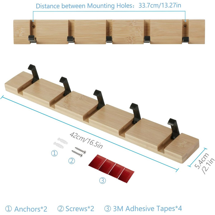 Гачки для пальто настінні сучасні, вішалка дерев'яна складна вішалка бамбукова з 5 рухомими гачками для курток, пальто, шарфів, су