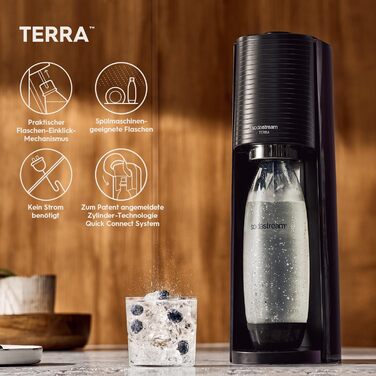 Виробник газованої води SodaStream TERRA Promopack з балоном CO2 та пластиковою пляшкою, яку можна мити в посудомийній машині, чорний, висота 44см