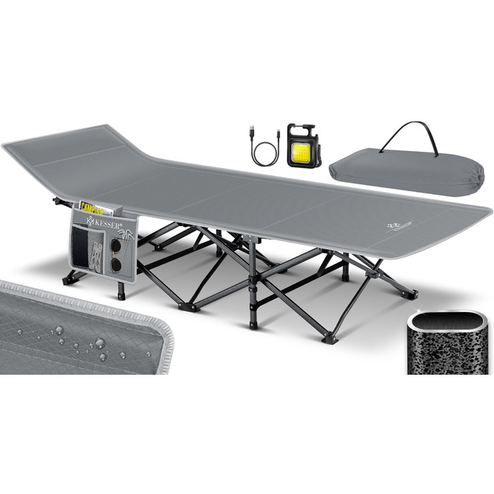 Кемпінгове ліжко KESSER, розкладне розкладане ліжечко, шезлонг для кемпінгу, включаючи сумку для перенесення, кемпінговий ліхтарик бічна кишеня, міцне ліжечко, вантажопідйомність 250 кг, металева труба, тканина Оксфорд 600D, портативне, сірий колір, 210 с