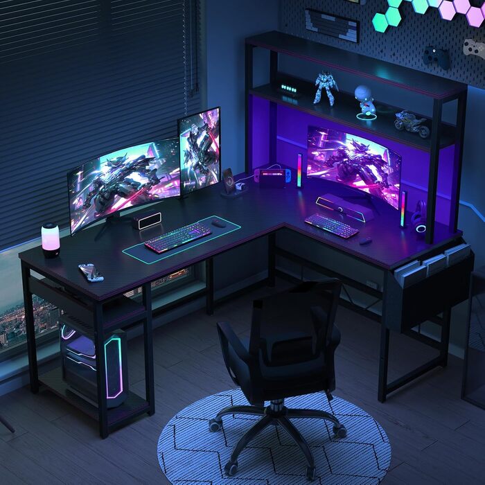 Кутовий ігровий стіл Devoko 155x100 см - світлодіодне освітлення, 2 розетки 2 USB-порти, чорний - Комп&39ютерний стіл із місцем для зберігання для геймерів та домашнього офісу 155 x 100 см, чорний