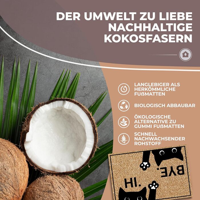 Килимок для котячих дверей з кокосу 60x40 см Привіт і побачення, кіт Надзвичайно міцний та нековзний кокосовий килимок для приміщень та критих відкритіших майданчиків Веселий килимок для дверей з котячим мотивом Ідеально підходить як пилозбірник 01 Привіт