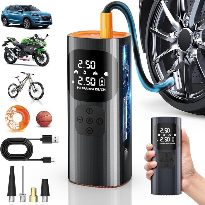 Електричний повітряний насос, міні-компресор, 160x70x50 мм, 10.3 бар / 150 PSI, ABS-пластик/метал, чорний