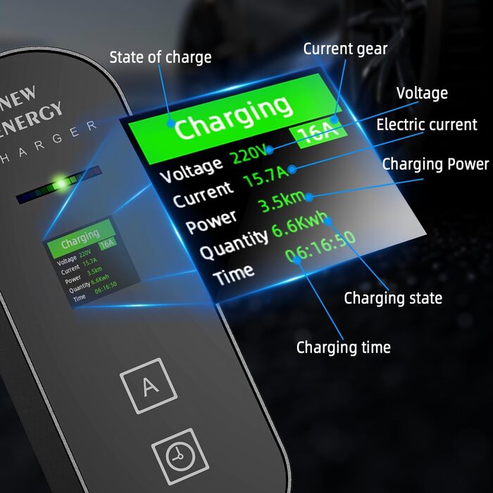 Тип 2 зарядний кабель Schuko, 3.5KW 6-16A Портативний зарядний кабель EV Зарядні пристрої з керованим цифровим дисплеєм для електр