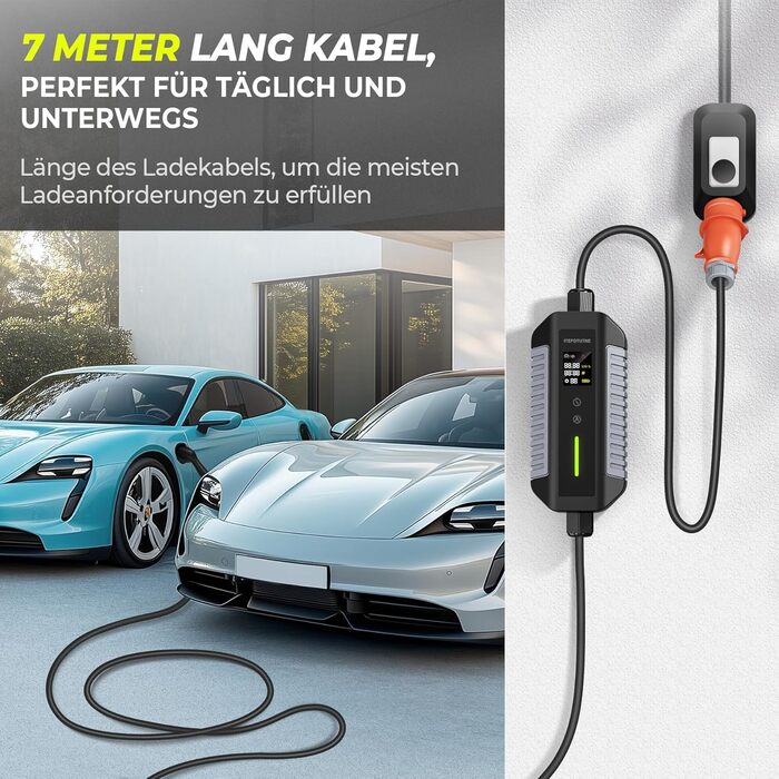 Зарядний кабель типу 2 11 кВт з вилкою CEE, 7M 6-16A 3-фазний з регульованою потужністю зарядки, мобільний настінний блок / зарядн