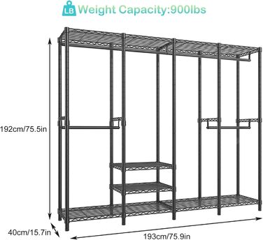 Вішалка для одягу KZOBYD, шафа-тумба з 6 полицями, що регулюються по висоті, штанга для одягу з 4 відділеннями для вішалок, багато місця, для спальні, вітальні (чорна)