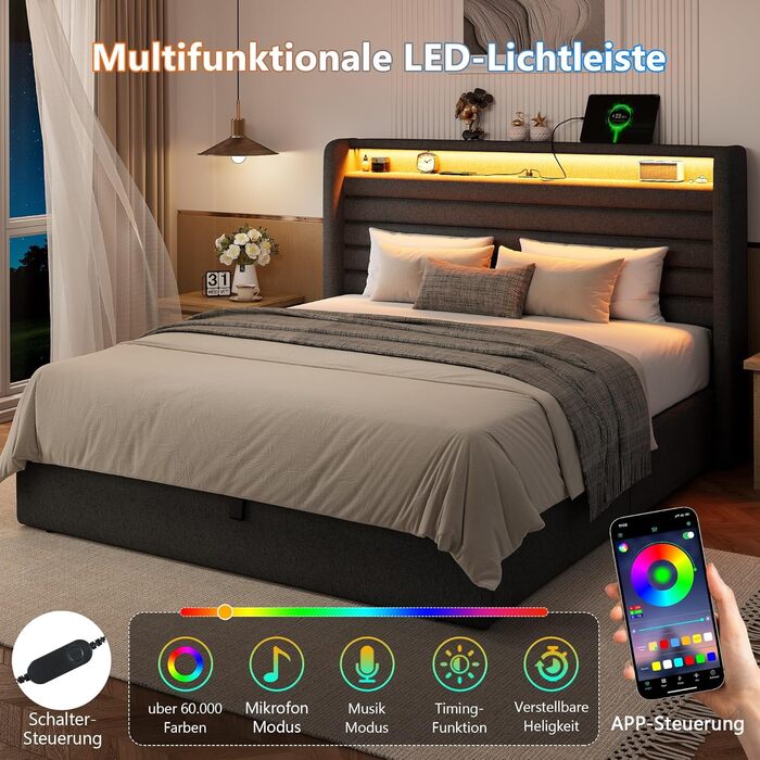 Ліжко FEONASE 140x200 з місцем для зберігання, М&39яке ліжко 140x200 см зі світлодіодним освітленням та зарядною станцією, Каркас ліжка з гідравлічним та лляним узголів&39ям, місцем для зберігання, Рейкова основа, Матрац не входить до комплекту, Темно-сір