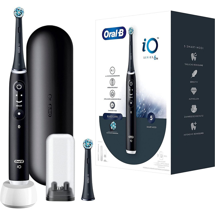 Електрична зубна щітка Oral-B iO Series 6, електрична зубна щітка black lava & iO Series 6, 2 щітки, 5 режимів чищення, магнітна технологія, дисплей і дорожній кейс, білий