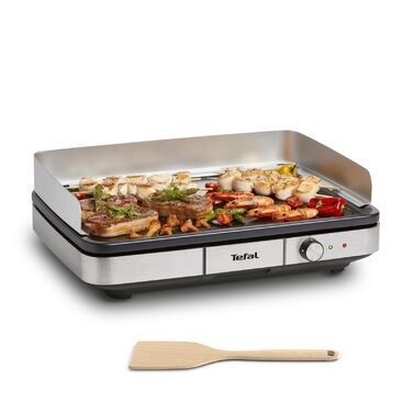 Електричний гриль-планча Tefal Maxi Plancha CB690D, велика антипригарна поверхня Теппаньякі, легке очищення, для використання в приміщенні та на вулиці, з вітрозахистом та лопаткою, 2300 Вт, чорний/сріблястий