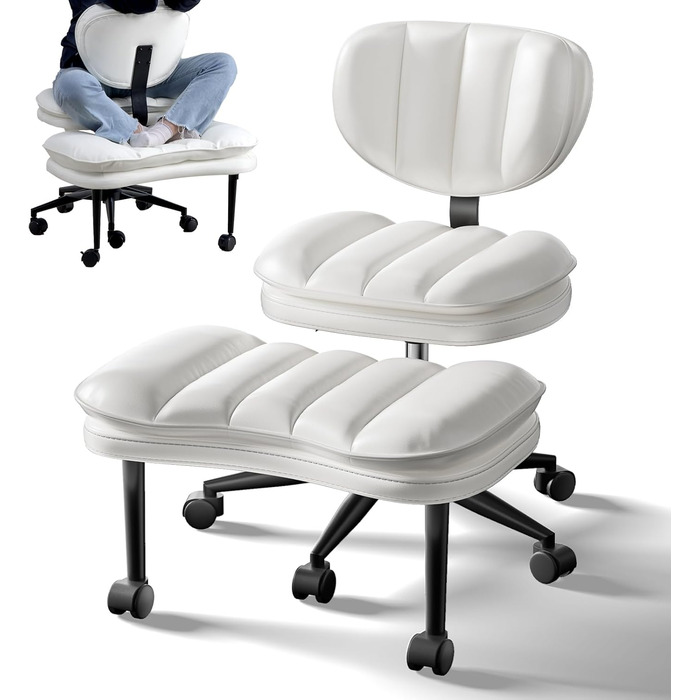 Офісне крісло зі схрещеними ніжками, ергономічне крісло для коліна, робоче крісло Cloud Criss Cross, поворот на 360, крісло для медитації для людей з СДУГ з регульованою висотою та спинкою, біла ребриста штучна шкіра