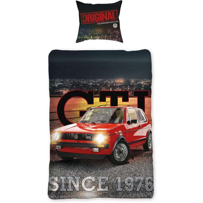 Комплект постільної білизни VW Volkswagen Golf GTI, червоний/сірий, 135 см x 200 см 80 см x 80 см, класичний автомобільний дизайн, 100 бавовна перкалевої якості, гоночний автомобіль Wrthsee, 2 дизайни, двосторонній комплект постільної білизни на блискавці