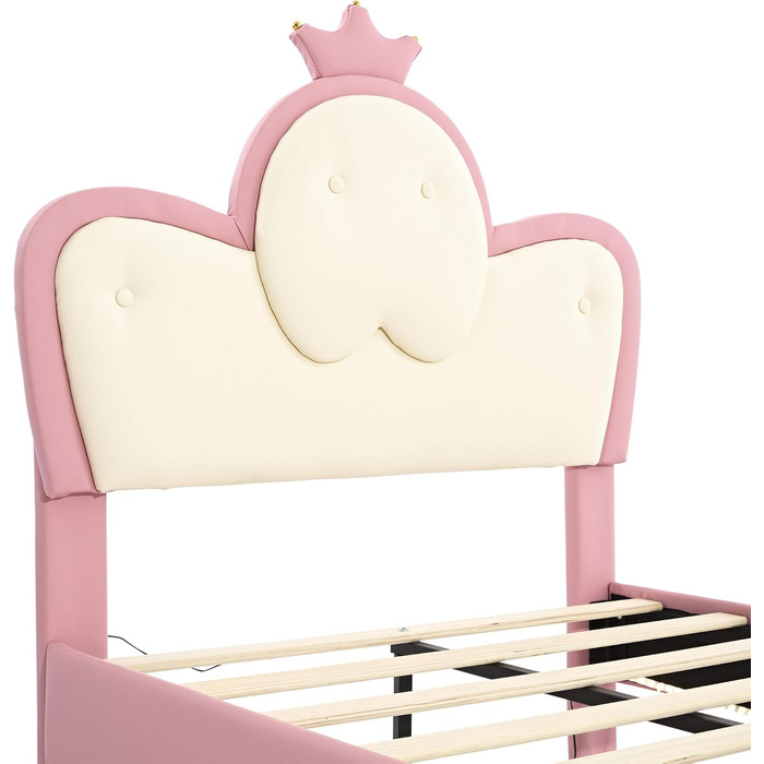 Дитяче м&39яке ліжко Merax 90x200 см зі світлодіодними стрічками, односпальне ліжко для дівчаток, хвилеподібне узголів&39я з вінцем, каркас ліжка з рейковою основою та узніжжям, дитяче ліжко, ПУ, без матраца, рожево-біле 90 x 200 см рожево-біле - зі світл