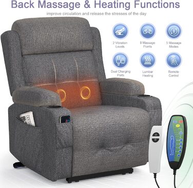 Крісло для телевізора з розкладним підйомником, масажне крісло з електрорегулюванням та функцією підігріву, функція відкидання, 2 підстаканники, 4 бічні кишені, порти типу C та USB, крісло для телевізора з підставкою для ніг, вітальня, темно-сірий