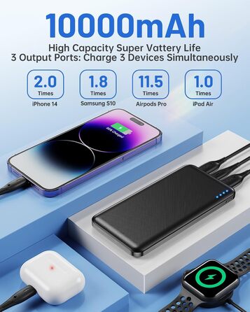 Вт Powerbank 10000 мАг з входом і виходом USB-C, зовнішній акумулятор стільникового телефону PD 3.0 QC 4.0 з ліхтариком, сумісний з iPhone, Samsung iPad і іншими чорний, 22,5