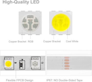 Теплий білий (2700K-3000K) 4 кольори в 1 Світлодіод 5м 60 світлодіодів/м Багатобарвна світлодіодна стрічка IP65 Силіконове покриття Водонепроникна біла друкована плата DC12V для прикраси інтер'єру (RGBхолодний білий, IP67), 5050 RGBW RGB