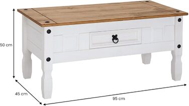 Журнальний столик CARO Furniture Campo в мексиканському стилі, стіл для вітальні/приставний столик, масив сосни, коричневий/білий лак, з 1 шухлядою