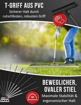 Гребінь для газону з нержавіючої сталі 75x35 см - професійний вирівнювач для газону з ручкою - для розрівнювання, підсипання піском та догляду - ергономічний інструмент для вирівнювання газону, що зберігає спину