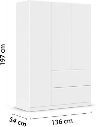 Меблі Rauch Costa, шафа для спальні, дитячої кімнати, кімнати немовляти, кімнати підлітка, передпокою, 3-дверна шафа з 2 шухлядами, механізм відкривання натиском, білий, ширина 136 см, без дзеркала, альпійський білий білий профіль ручки, 54 x 136 x 197 см