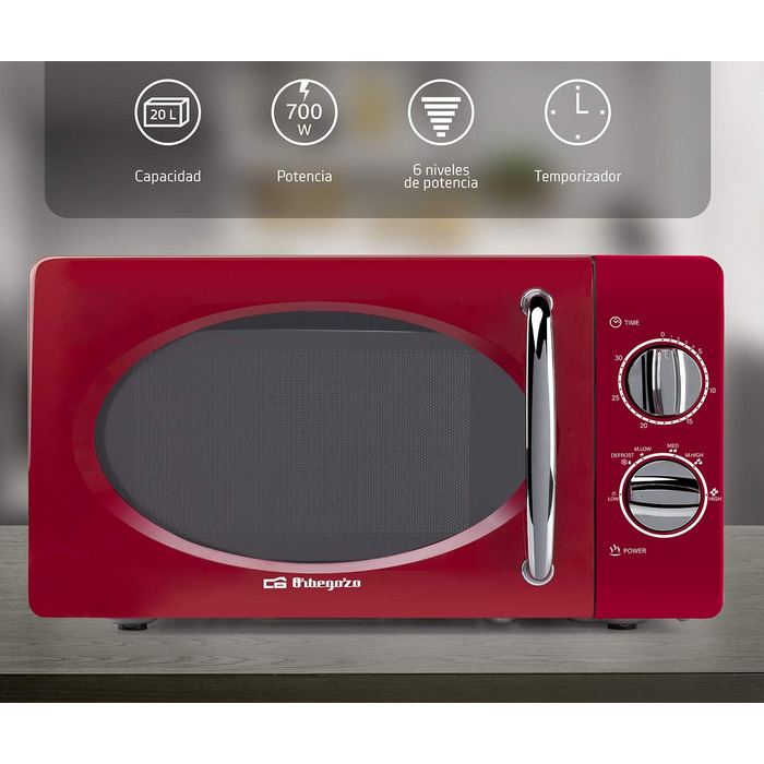Мікрохвильова піч ємністю 20 літрів, 6 рівнів потужності, таймер до 30 хвилин, вінтажний дизайн, 700 Вт, сталь, червоний, 2020 -