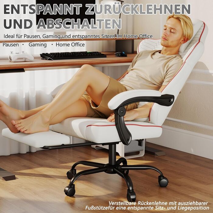 Ергономічне ігрове крісло, офісне крісло з підставкою для ніг, регульоване по висоті та гойдалкою, надзвичайно широке сидіння (51 см), ергономічна поперекова опора, вантажопідйомність до 150 кг