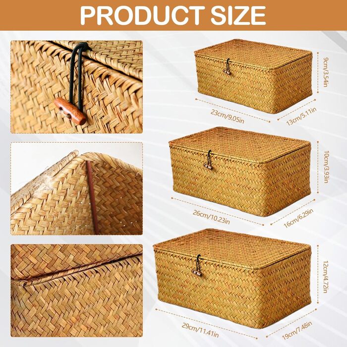 Кошики для зберігання речей, комплект кошиків з ротанга з 3 предметів з кришками, плетені кошики для подарунків, багатофункціональні кошики з морської трави, органайзери для косметики для ванної кімнати, вітальні, кухні
