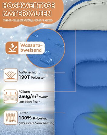 Дитячий спальний мішок KingCamp, 3-сезонний спальний мішок-ковдра для дітей 100-140 см, легкий і теплий для кемпінгу та походів з сумкою для перенесення, синій, L