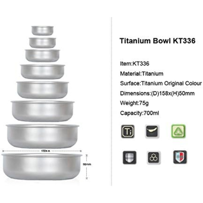 Титанові миски для кемпінгу Keith, 300 мл - 900 мл, для кемпінгу та активного відпочинку, 700 мл