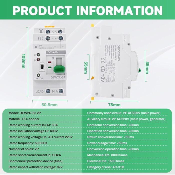 Автоматичний перемикач DEWIN, перемикач на DIN-рейку, подвійний автоматичний перемикач живлення ATS, електричний перемикач 2P 63A 220V