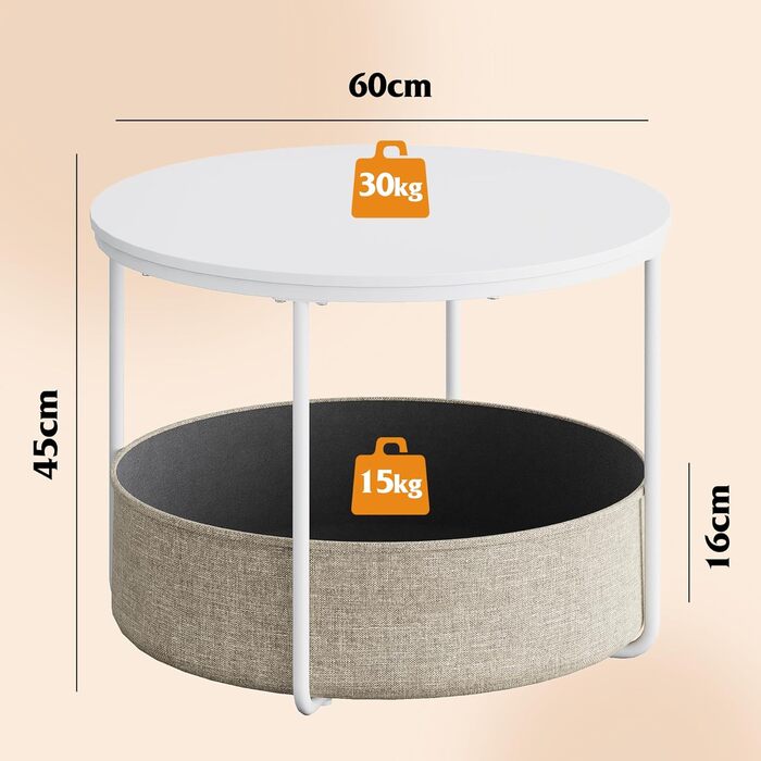 Круглий білий журнальний столик WLIVE, столик для вітальні з тканинним кошиком, металевий каркас, журнальний столик для вітальні з диваном, діаметр 60 дюймів, журнальний столик для вітальні, спальні (білий, діаметр 60 дюймів)