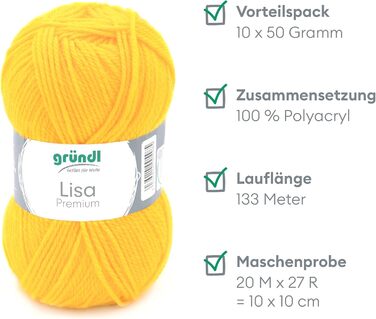 Пряжа Grndl Lisa Premium Uni Knitting & Chet Yarn (м'яка і вовняна характер, проста в догляді миється трикотажна пряжа з 100 поліакрилу, 50 г/ 133 м, розмір голки 3,5 - 4,5, 10 клубків по 50 г кожен), (жовтий)